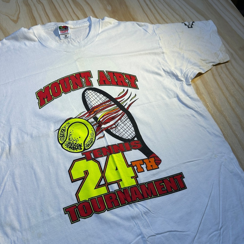 Vintage Fruit of the Loom Mount Airy Tennis Tournament Shirt XL White 90s USA